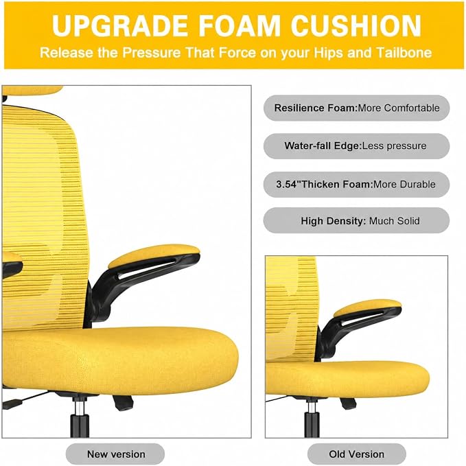 Mimoglad Office Chair, High Back Ergonomic Desk Chair with Adjustable Lumbar Support and Headrest, with flip-up Armrests for Guitar Playing, 5 Years Warranty (Modern, Vivid Yellow(Black Frame))