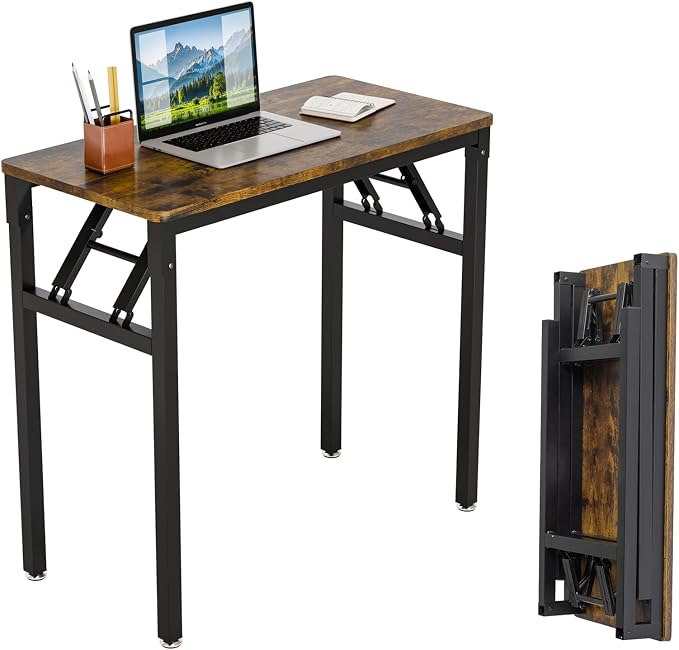VINGLI Small Computer Desk No Assembly Required, Folding Desk as Writing Table, Dining Table and Workbench, Foldable Desk for Small Space & Home Office, 31.5 Inch, Brown & Black Frame