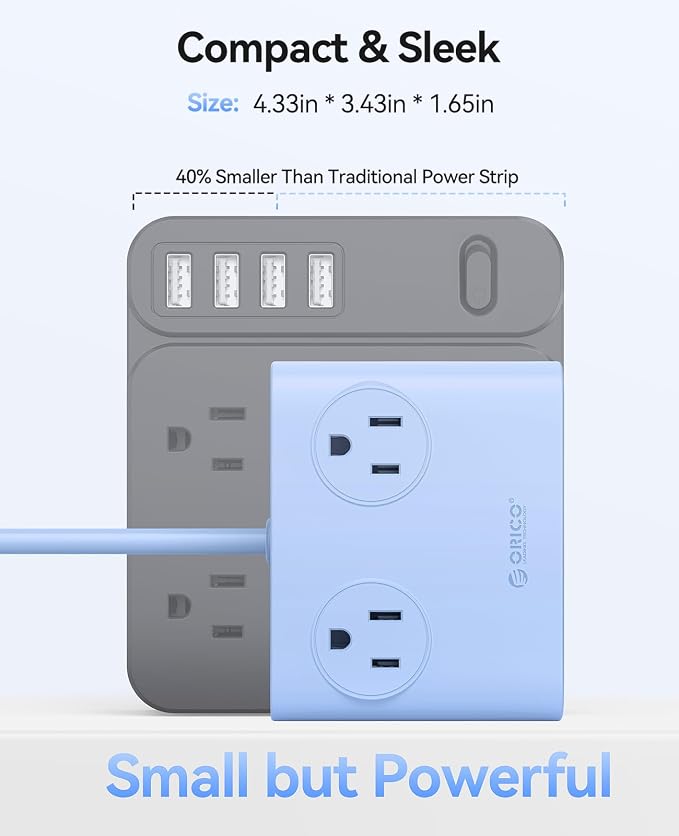 ORICO Power Brick, 25W GaN Power Strip, 8-in-1 Desktop Charging Station with 4 AC Outlets, 2 USB-C, 2 USB-A Ports, 5ft Extension Cord, Ultra Thin Flat Plug for Travel Office ETL Listed-PDC (1 PC)