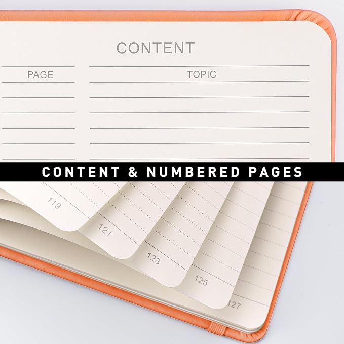 AHGXG Lined Journal Notebook, 160 Numbered Pages, A5 Medium Size (5.7'' x 8.3''), 120 GSM Thick Paper, for Men & Women, Journaling, Writing, Work & Office, Leather Hardcove (Orange)