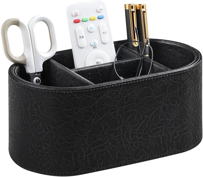 Oval Remote Control Holder, 4-Compartment Desk Nightstand Organizer | Crinkled Finish PU Leather Desk Organizer, Waterproof Desk Caddy for Remote Controls, Makeups, Pens & Office Supplies