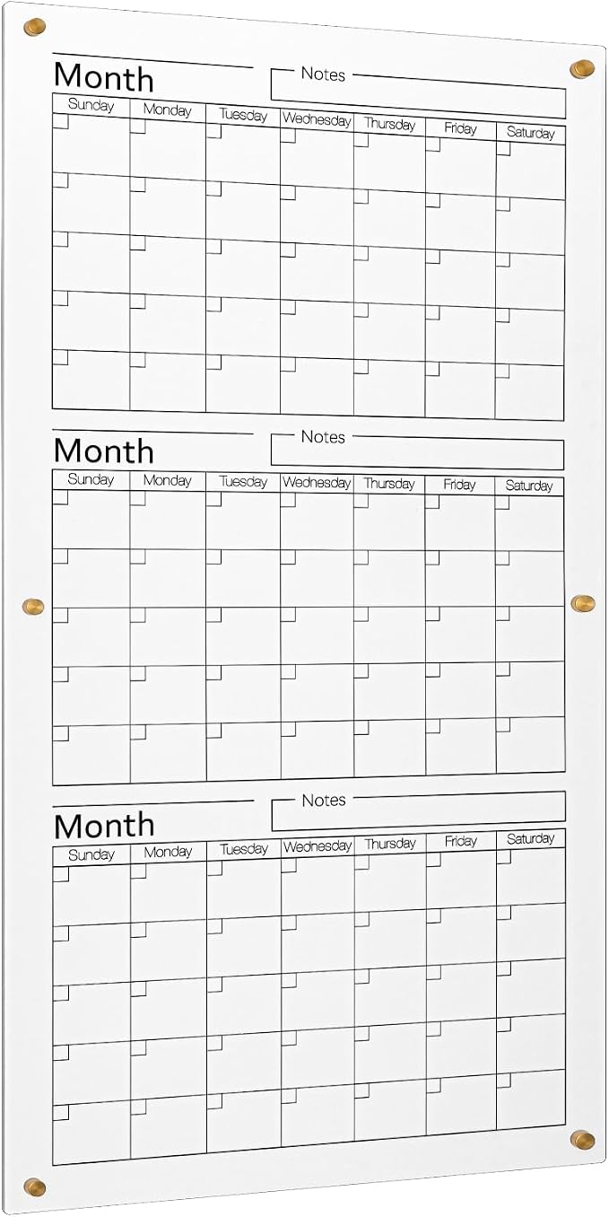 AmazingSpark Acrylic Whiteboard Calendar 3 Months Dry Erase Wall Calendar Board 36" x 18" Large Reusable Vertical Planner for Home School Office Bedroom Classroom Organization