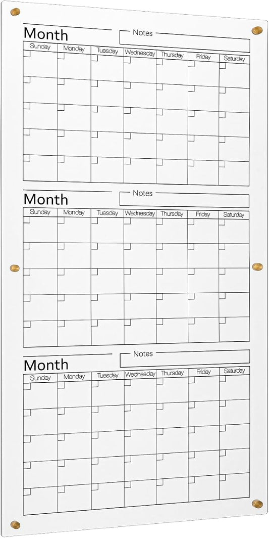 AmazingSpark Acrylic Whiteboard Calendar 3 Months Dry Erase Wall Calendar Board 36" x 18" Large Reusable Vertical Planner for Home School Office Bedroom Classroom Organization