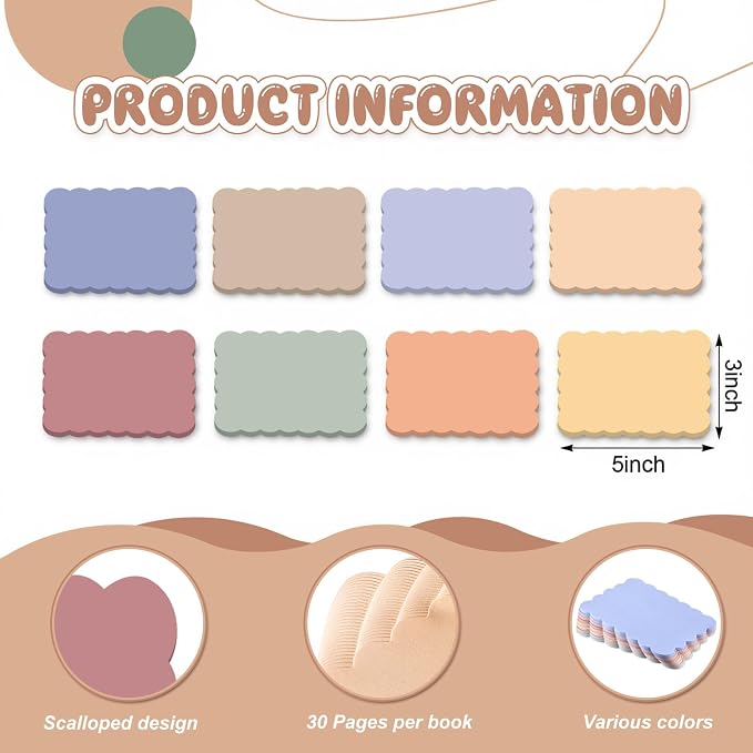 Eaasty 8 Pack Scalloped Sticky Notes Cute Adhesive Memo Pads Vintage Colors Aesthetic Unlined Self Stick Note Pads 3" x 5" Pretty Wavy Sticky Notes Bulk 240 Sheets for School Office Supplies