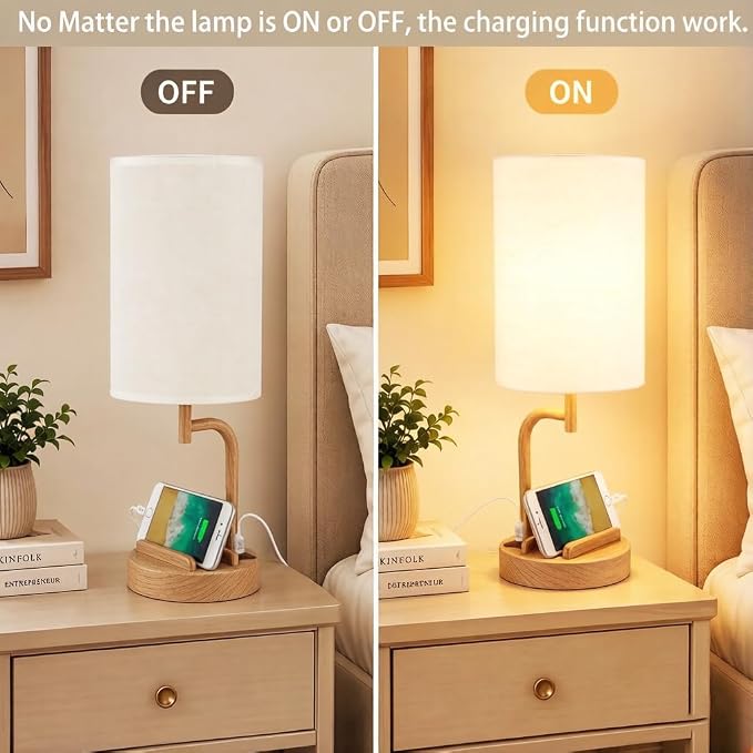 Dreamholder Touch Control USB Table Lamp with USB C/A & AC Outlet, 3-Way Dimmable Bedside Lamp, Modern Nightstand Lamps for Bedroom Living Room Guest Room Office, Bulb Included, Woodgrain