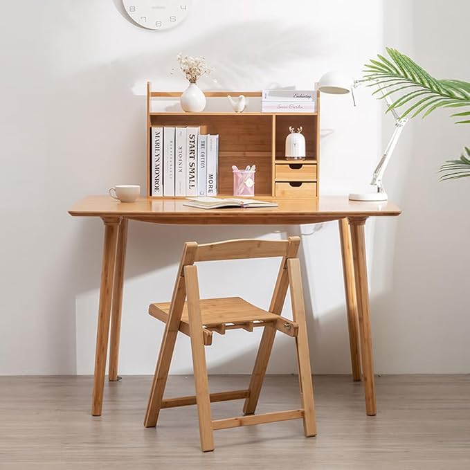 Bamboo Desktop Bookshelf 2-Tier Desk Organizer with Drawers | 22.8"x7.5"x18.1" size with rounded corners, fit office dorm bedroom; holds books & stationery, easy to assemble