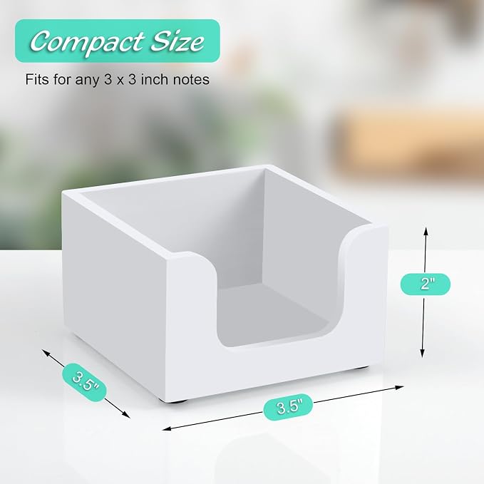 Wood Sticky Note Holder, 3 x 3 Inch Post It Note Dispenser for Office Desk Accessories, Self Stick Note Pad Holder, Memo Pad Holder Dispenser Organizer for School Office Desk Supplies, White