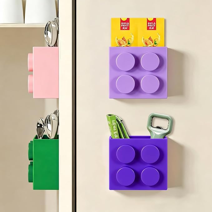 Magnetic Basket Organizer for Fridge - Lego-Style ABS Plastic Storage Box,No Drill Design for Kitchen Counter, Microwave & Whiteboard, Holds Up to 3.5 lbs (deep purple)