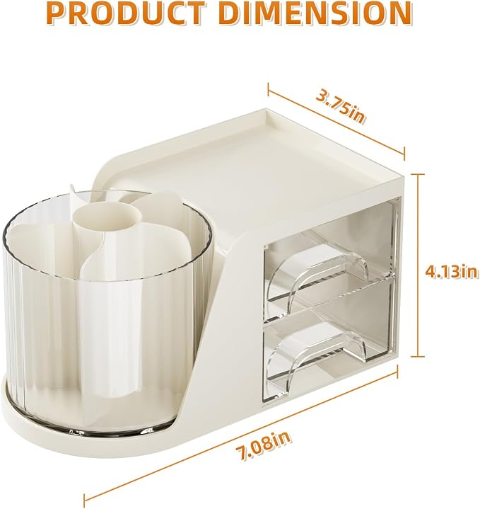 Marbrasse Desk Organizer with 2 Drawer, 360°Rotating Pen Holder, Desk Organizers and Accessories with 6 Slots Pencil Organizer + 2 Drawer, Art Supply Storage Box Caddy for Office (Beige)