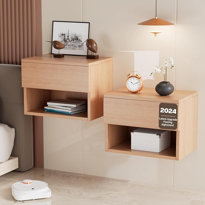 Floating Nightstand, Modern Wall Mounted Bedside Table with Drawer, Wood Bedside Shelf & Desk, End Table Wood Modern Night Stand for Bedroom (T6784876, Set of 1)