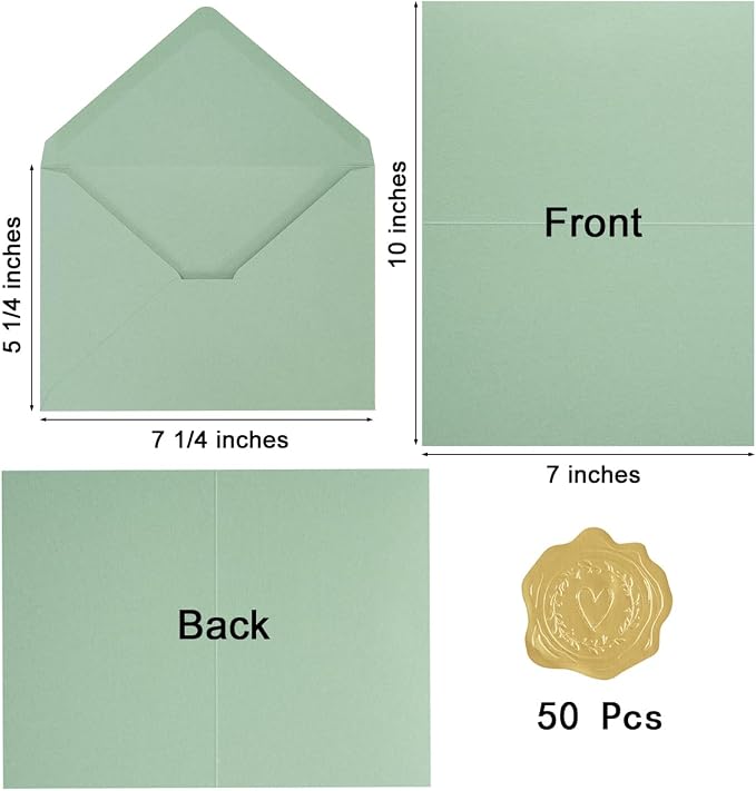 50 Pack Sage-Green A7 Envelopes with Cards and Gold Stickers, 5x7 | With Thick Folded Cardstock, For Greeting Cards, Wedding, Birthday, Invitations, Baby Showers