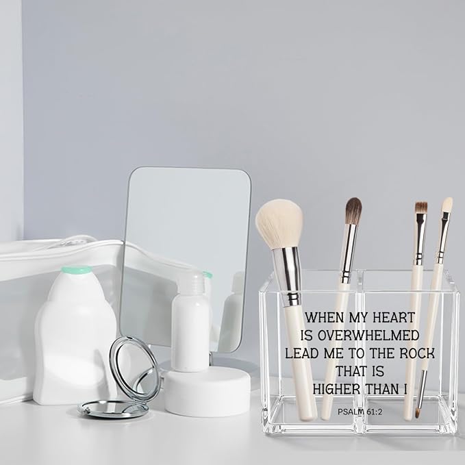 Inspirational Christian Acrylic Cosmetic Pencil Pen Holder Cup Religious Gifts for Women Men Psalm 61:2 Bible Verses Christian Decor for Home Office Desk Vanity Organizers and Accessories