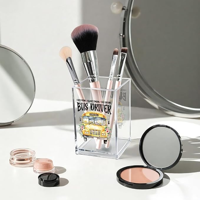 Early Rising Always Smiling Safe Driving Acrylic Cosmetic Pencil Pen Holder Cup, School Bus Pen Holder Cup, Back to School Gifts, Graduation Appreciation Gifts for Women Men Bus Driver