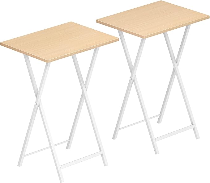HOOBRO Folding TV Tray Tables, Set of 2 Side Table for Small Space, Industrial Snack Tables for Eating at Couch, Stable Metal Frame, Easy Assembly, Space Saving, Natural and White WN25BZ01