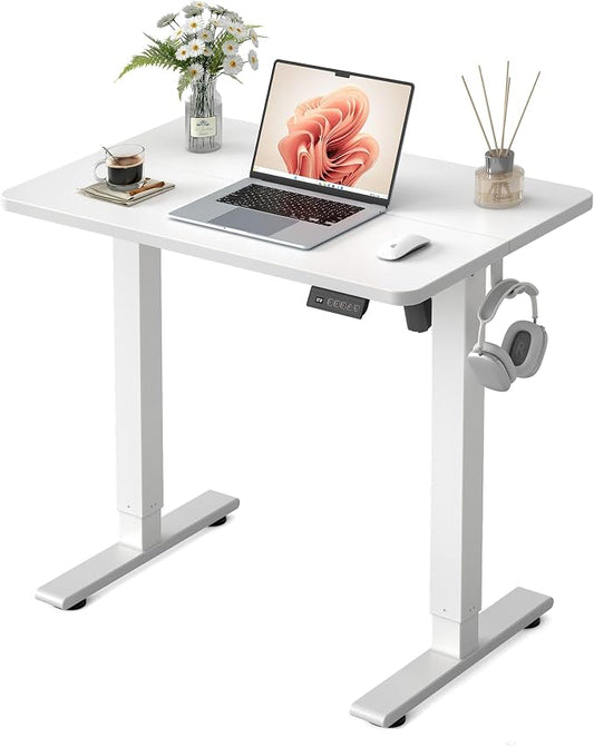 FEZIBO Small Standing Desk, 32 × 19 Inches Electric Height Adjustable, Sit and Stand Up, Computer Office Desk with Splice Board, White Frame/White Top