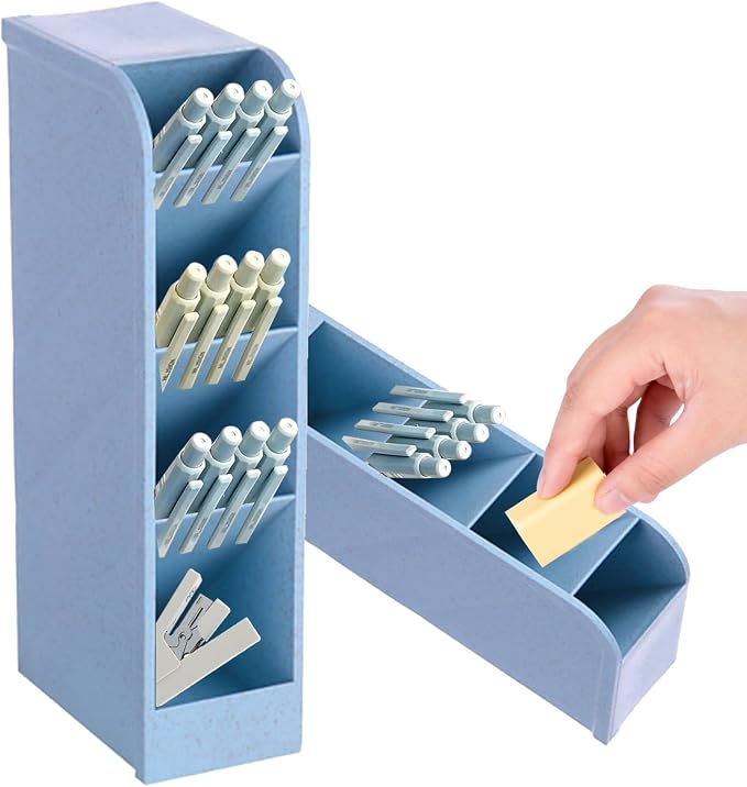 4-Grid Vertical Desk Organizer, Plastic Pen Holder | Pencils & Markers & Pens | Multifunctional Stationery Caddy | School Home Office(Blue)