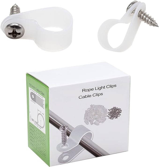 100 Pack 1/2'' P-Style Rope Light Clips with Stainless Steel Screw | Outdoor Mounting Clips,Cable Clips Clamps,Wire Management,Electrical Wiring,Concealed Wiring,Cord Installation,Christmas
