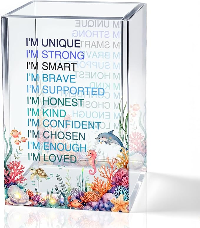 I Am Affirmation Acrylic Pencil Pen Holder Cup, Ocean Design Makeup Brush Storage Organizer, Dolphin Affirmation Pen Desk Accessories Holder Gifts for Women Daughter Niece Sister Friend