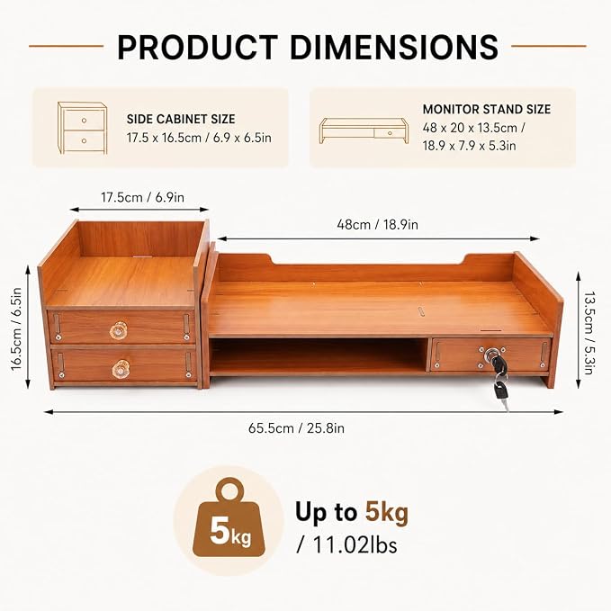 Wood Monitor Stand with Drawer - Tabletop Computer Rack Multi Compartment Home Desk Organizer w/3 Storage Drawers for Office Home Study