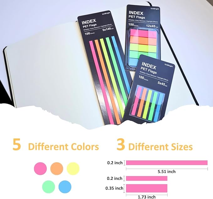 UniBright Sticky Tabs for Books, 350 Pcs Transparent Writable Page Markers with Dispenser, Repositionable Bible & Notebook Tabs, Multi Color Small Sticky Notes for Office School Home