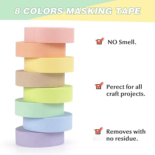 Hutou 8 Rolls Washi Tape Colored Washi Masking Tape 1/2 Inch Rainbow Colors Painters Tape Colorful Craft Art Paper Tape Labeling DIY Decorative Coding Teaching Supplies, Pastel Colors