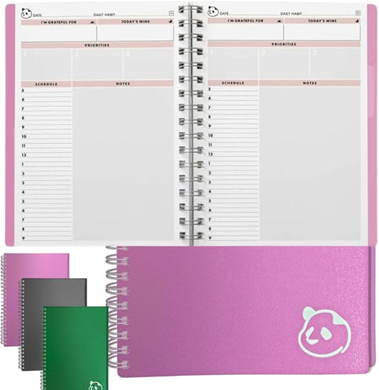 Panda Planner 2026 Undated Daily Planner with Hourly Schedule 5.75" x 8.25" – 90 Days Daily Journal with Spiral Binding – To Do List Notebook with Habit Tracker for Home/Office Supplies – Pink