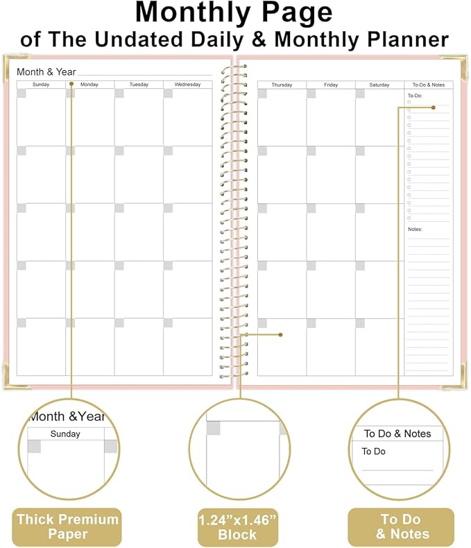 Undated Daily Monthly Planner for 2026 or Anytime - A5 To Do List with Hourly Schedule, Hardcover Spiral Bound Daily Planner to Increase Focus, Stylish School/Office Supplies, 5.8" x 8.5", Pink