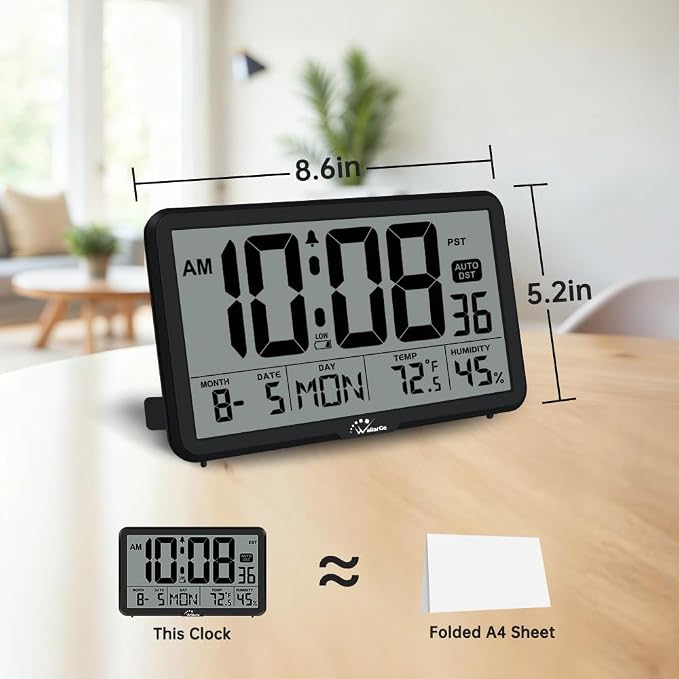 WallarGe Auto Set Digital Wall Clock Battery Operated, Auto DST | Desk Clock with Temperature, Humidity and Date, Large Display Digital Calendar Alarm Clock for Bedroom, Office, Classroom