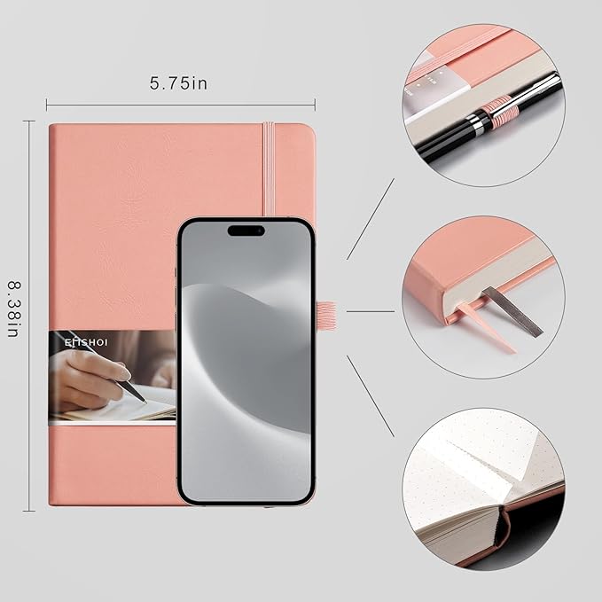 EMSHOI A5 Dotted Notebook Hardcover Leather Journal, 256 Pages 120gsm Thick Paper A5 Journal 5.75"x8.38", 16 Perforated Pages & Inner Pocket, Durable Dot Grid Notebook for Bullet Journaling, Pink