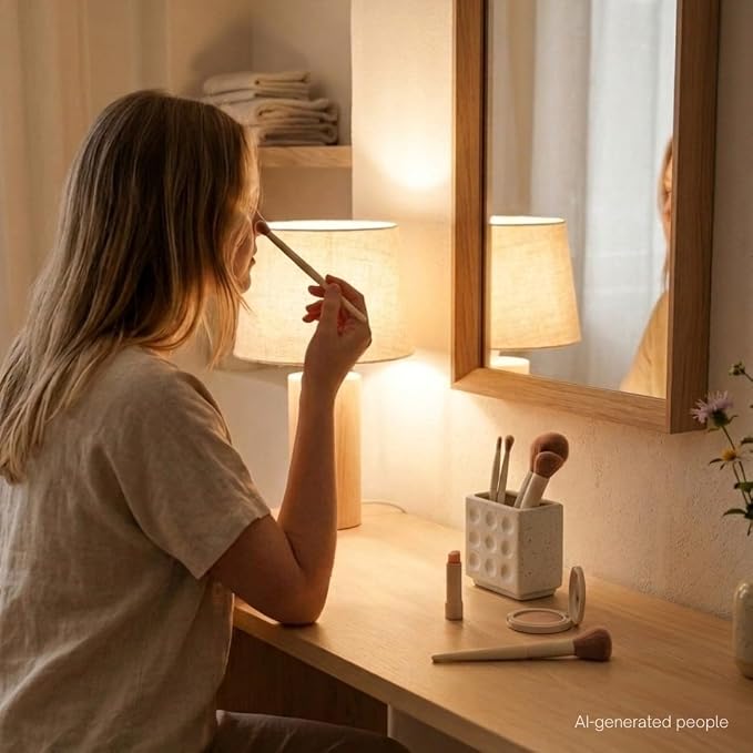 WENSHUO Ceramic Pen Holder,Pen Holder for Desk, Makeup Brush Holder, Crème | Building block-shaped ceramic organizer in Matte Crème, 3.7 x 3.7 x 1.5 in, for pens, makeup brushes and small flowers.
