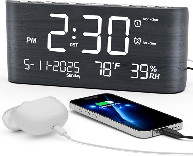 Mesqool Digital Alarm Clock, with Calendar Temperature and Humidity | Loud Volume, Dual Alarm, USB and Type-C Charging Ports, Dimmer, 12/24H, Snooze, Stylish Digital Clock for Décor
