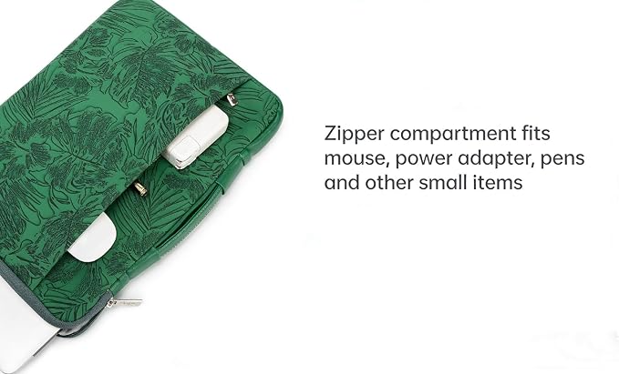 Kinmac Embossed PU Leather 360° Heavy Duty Protective Laptop Sleeve with Poacket (Green Leaves, 15 inch-15.6 inch)