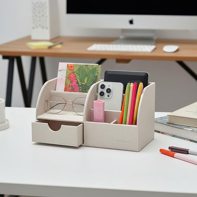 UnionBasic Desk Organizer - Multifunctional Leather Desktop Pen Holder Storage Box - Business Card/Pen/Pencil/Mobile Phone/Stationery Holder, Beige