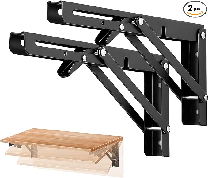 Ravinte 2 Pack 10 Inch Folding Shelf Brackets – Matte Black, Heavy Duty Collapsible Brackets for Tables and Benches – Space-Saving Design