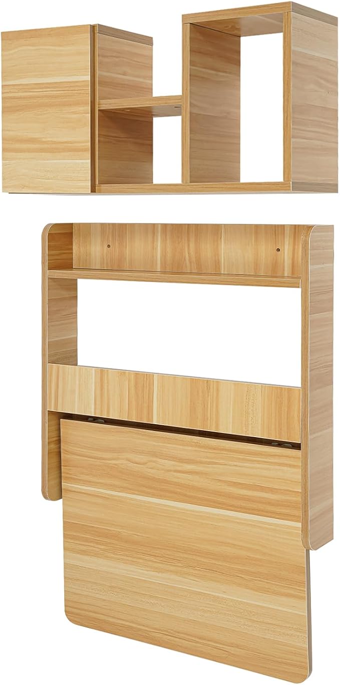 Floating Desk, 24" Wall Mounted Folding Desk with Bookshelf Folding Wall Desks Space Saving Workstation with Storage Shelves for Home Office Bedroom Study Room Small Space