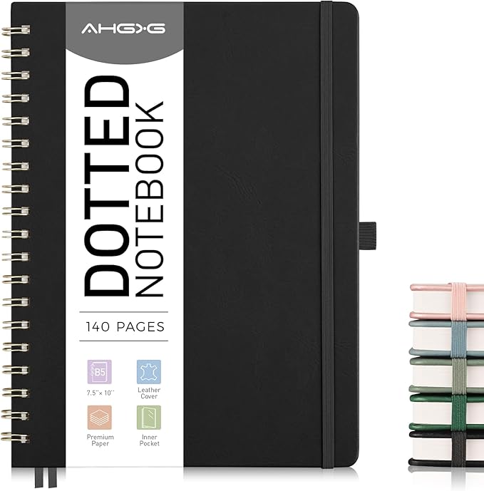 AHGXG HGXG Dotted Journal Spiral Notebook, Large B5 Dotted Notebook 140 Pages, Leather Hardcover, 100 GSM Thick Dot Grid Paper, Inner Pocket, for Dotted Journaling, 7.6" x 10", Black