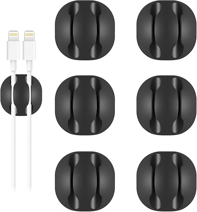 Shintop 6pcs Black Double Cable Clips for Organizing Desk Phone Charger | Self-Adhesive Cord Holder, Desk Cable Management for Nightstand Cord, Easy Cable Access, Less Slipping, Residue-Free