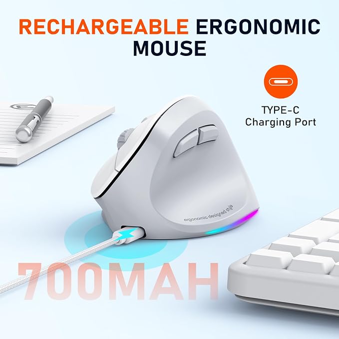 MEETION Ergonomic Mouse, Wireless Vertical Mouse RGB Backlit Rechargeable Mice for Bluetooth(5.2 + 3.0) & USB, 4 Adjustable DPI Mac/Windows/Andriod/Tablet/iPad Gray
