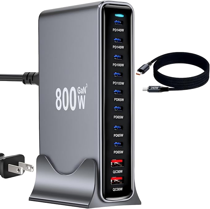800W USB C Fast Charger Block, Multi-port USB Charging Station, GaN Ⅲ Double 140W PD PPS Port Fast Charging Station for Multiple Devices,Laptop Wall Charger Compatible with iPhone 17,iPad, MacBook etc