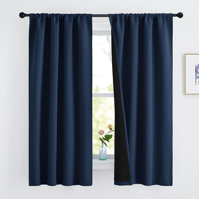 NICETOWN 100% Blackout Curtains, Thermal Insulated Black Liner Panels for Nursery Room, Noise Reducing and Cold Blocking Drapes for Windows (Set of 2, Navy, 42 inches Wide by 63 inches Long)