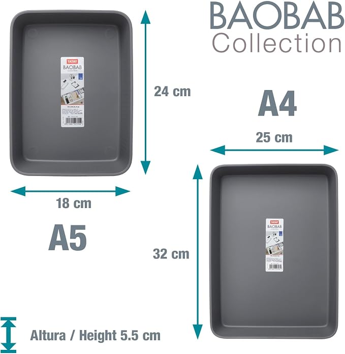 TATAY Storage Basket Baobab Drawer Organisation Elegant Functional Design | Storage Basket Household | Dimensions 24.7x33.6x5.6 cm | BPA-Free Material | Home and Office Organisation, Grey