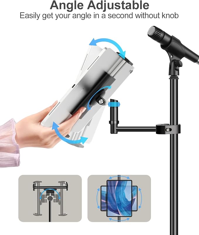 elitehood Aluminum iPad Holder for Mic Stand, Side Mount iPad Music Stand Holder for Microphone, 360° Swivel Tilt Adjustable Mic Tablet Mount for 4-13in iPhone, Cell Phones and Tablets
