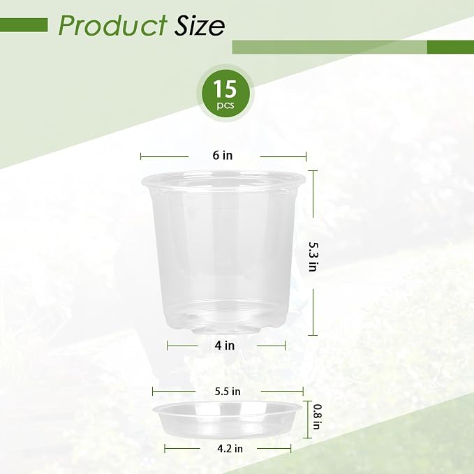 FUIJOL 6 Inch Clear Nursery Pots for Plants with Sacuers 15 Pack, Plastic Flower Pots with Drainage Holes, Variety Pack Seedlings Garden Pot for Indoor Outdoor (6 inch)