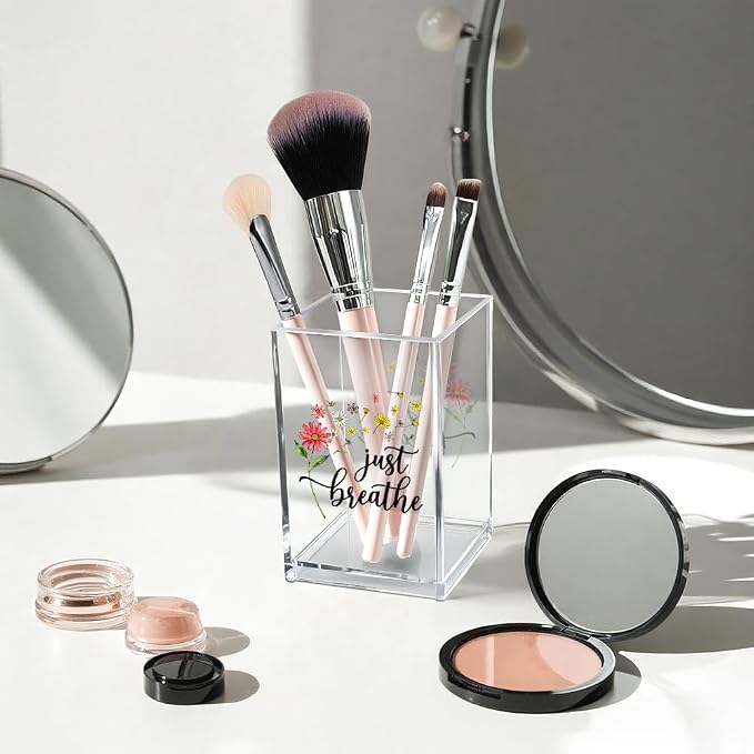 Just Breathe Acrylic Cosmetic Pencil Pen Holder Cup, Inspirational Dandelion Desk Organizer Accessories for Home Office Decor, Encouragement Gifts for Women Girl Coworker Daughter Yoga Teacher