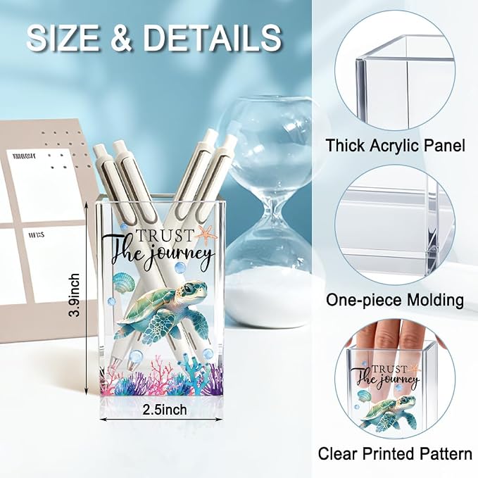 Trust The Journey Sea Turtle Acrylic Pencil Holder Cup for Women | Inspirational Gifts for Friends Coworker, Funny Sea Turtle Pen Holder for Women Girls Turtle Lover, Marker Makeup Organizer