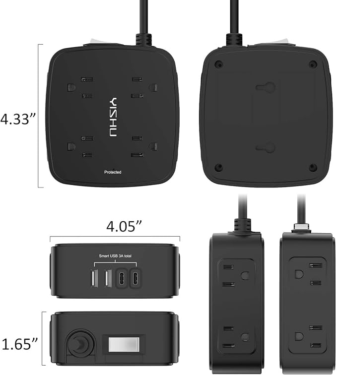 5Ft Surge Protector Power Strip - 8 Widely Outlets with 4 USB Ports, 3 Side Outlet Extender with 5 Feet Extension Cord, Flat Plug, Wall Mount, Desk USB Charging Station, ETL,Black