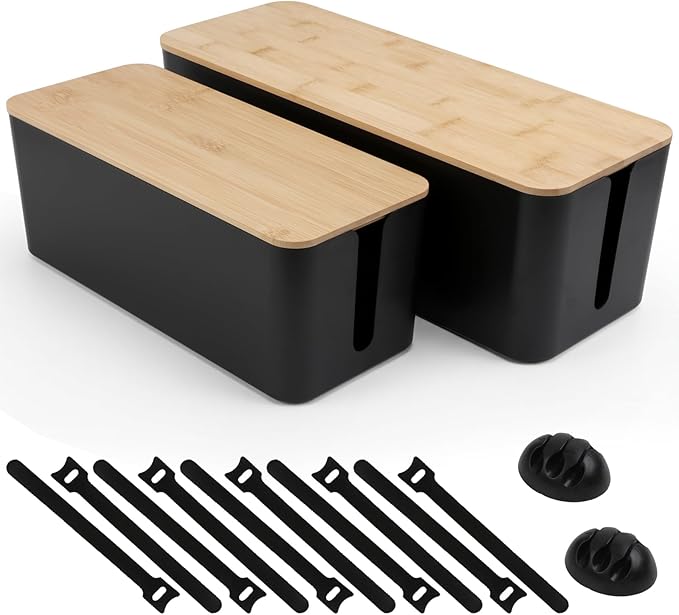 2 Pack Cable Management Box - Cord Organizer Box with Wooden Lid for TV Wires, Power Strips, Router, USB Hub & Under Desk Power: Baby & Pet Proof Cord Management, Cord Hider for Home & Office(Black)
