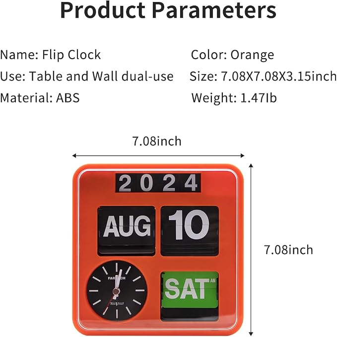 Retro Modern 9.45 Inches Calendar Day Date Flip Desk Wall Clock (Black)(No Battery Included) (Amber)