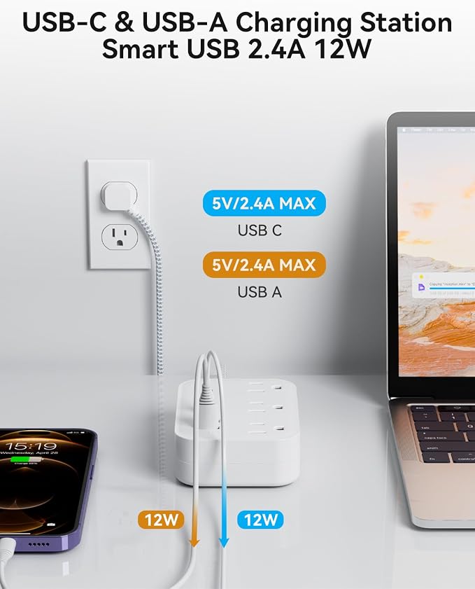 Flat Plug Power Strip with USB Ports, Flat Extension Cord 3FT with 3 AC Outlets 3 USB Ports, Short Extension Cord Outlet Splitter with No Surge Protector for Cruise Ship, Dorm Room Travel Essentials