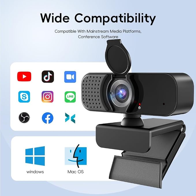 1080P Webcam with Microphone and Physical Privacy Cover, Noise Cancelling USB Web Camera, Auto Light Correction, Plug and Play, Wide Angle PC Camera for Zoom, Online Class, Laptop/Desktop